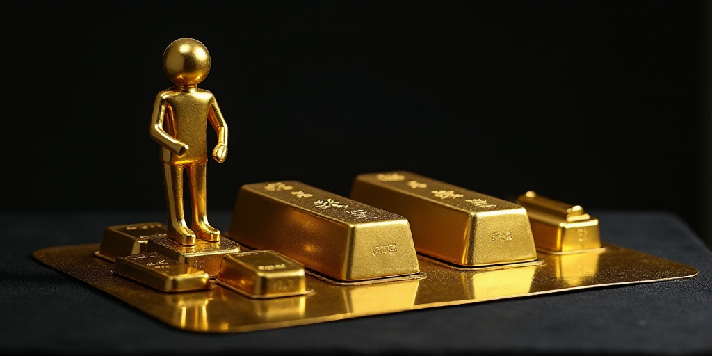 a table with gold bars on it and a person standing next to them on the table with a black surface, C