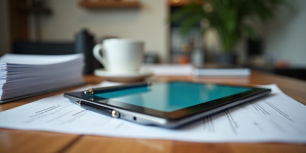 a tablet computer sitting on top of a wooden table next to a pile of papers and a pen and paper, And