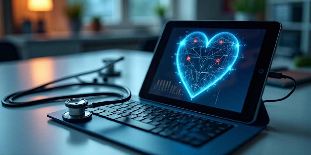 a tablet with a medical device on it and a stethoscope next to it on a desk, Évariste Vital Luminai