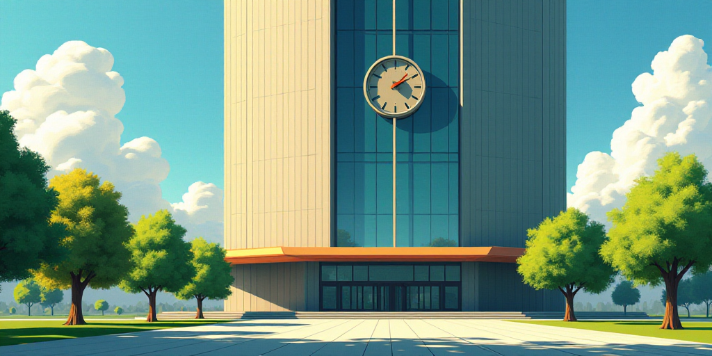 a tall building with a glass front and a clock on the front of it's face and a tree in front of it,