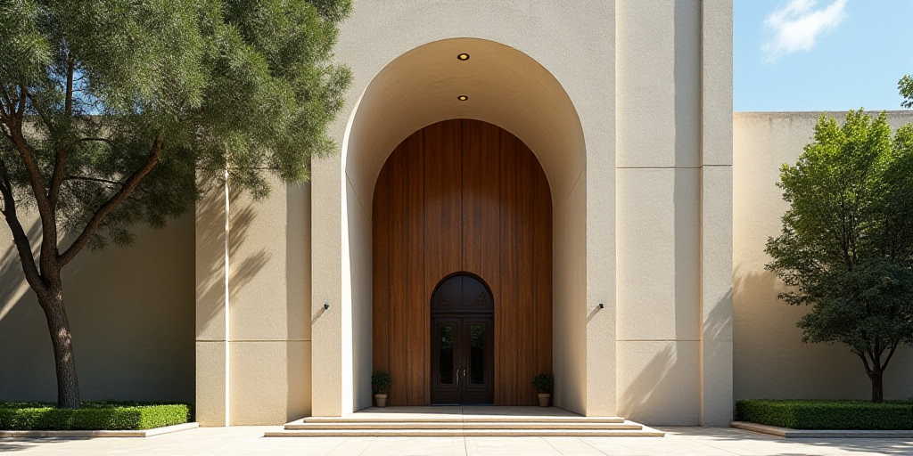 a tall building with a large arched doorway in front of it's entrance and a tree in the background,