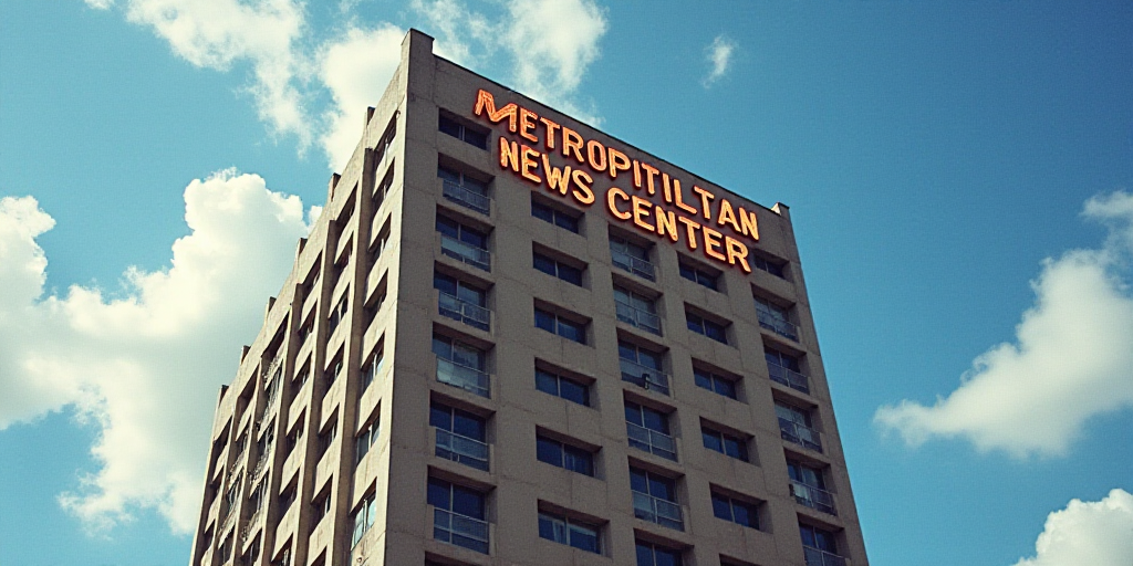 a tall building with a large sign on the side of it's side that says metropolitan news center, Carlo
