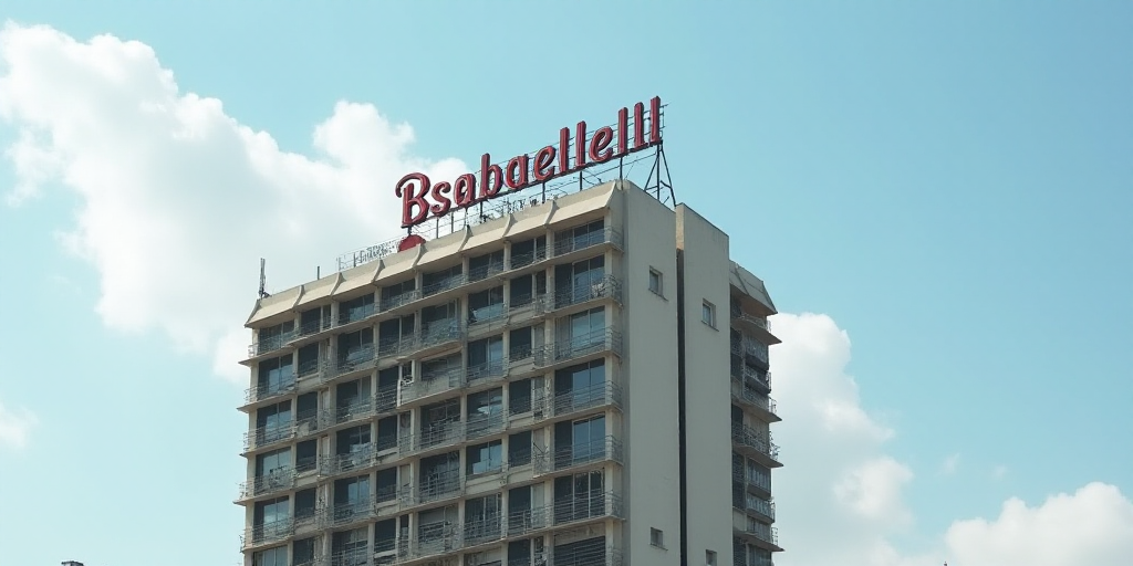 a tall building with a sign on top of it that says b sabadelll on it's side, Carles Delclaux Is, beh