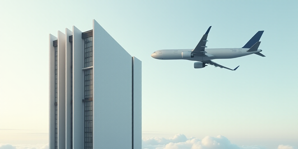 a tall building with a sky background and a plane flying by it's side in the air above it, Enguerran