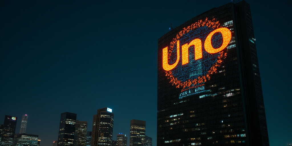 a tall building with a very large sign on it's side at night time with lights on it, Aquirax Uno, de