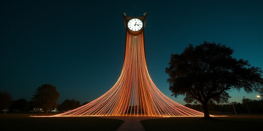 a tall structure with a clock on top of it at night time with lights streaking by it and a tree in t