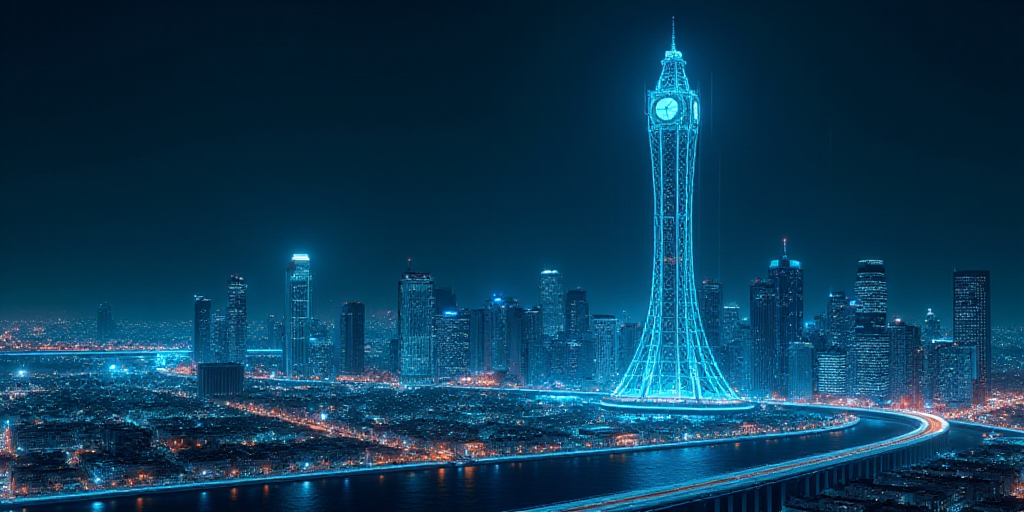 a tall tower with a clock on top of it next to a city skyline with blue lights and a white sign, Die