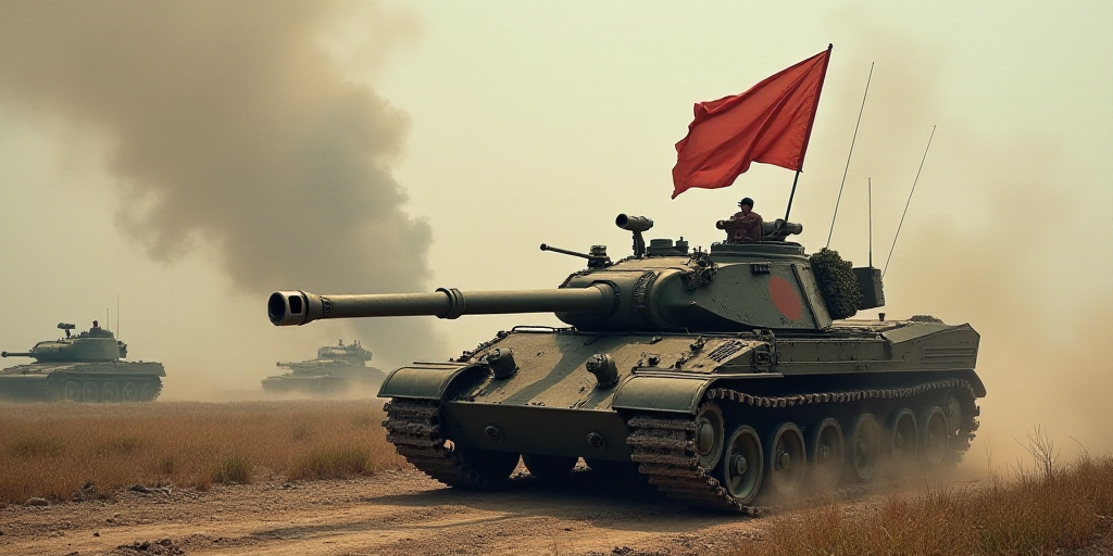 a tank with a flag on top of it in a dirty area with other tanks in the background and smoke coming