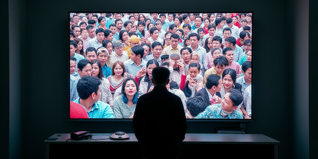 a television screen with a bunch of people on it's screen and a person standing in front of it, Ding
