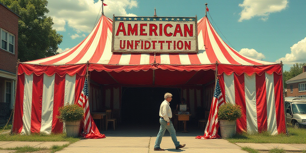 a tent with a sign that says american confection on it and a man walking by it in front of a buildin