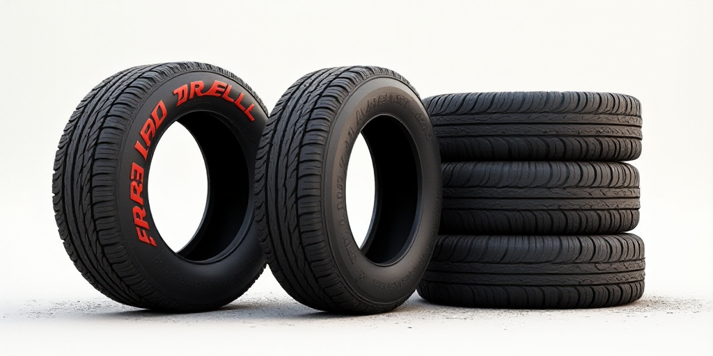 a tire with a red firell logo on it and four tires stacked on top of each other in a row, Alberto Bu