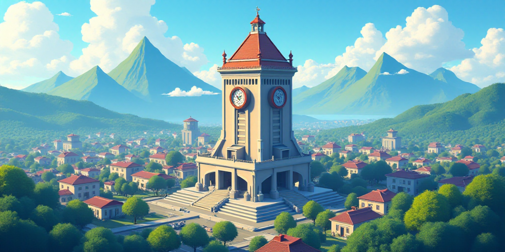 a tower with a clock on top of it in the middle of a city with mountains in the background, Beeple,