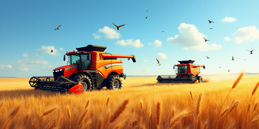 a tractor and a combine in a field of wheat with birds flying overhead in the background and a blue