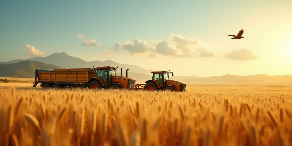 a tractor and a tractor trailer in a wheat field with a bird flying overhead in the background and a