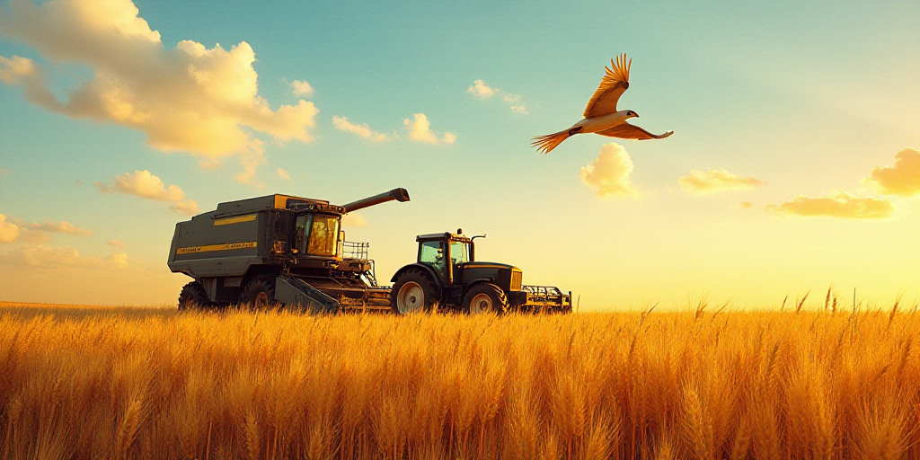 a tractor and a tractor trailer in a field of grain being harvested by a bird in the sky above, Corn