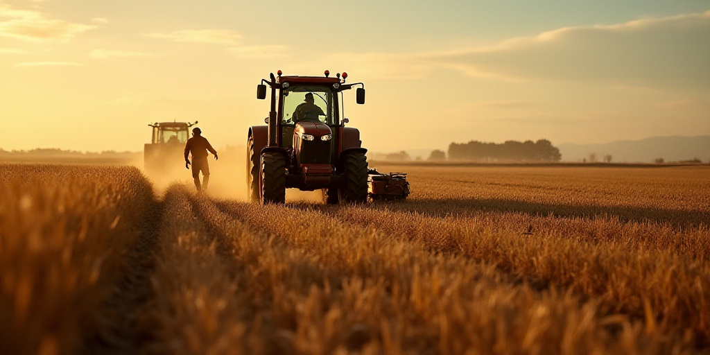 a tractor plowing a field with a plow in the foreground and a man in the background, Federico Uribe,