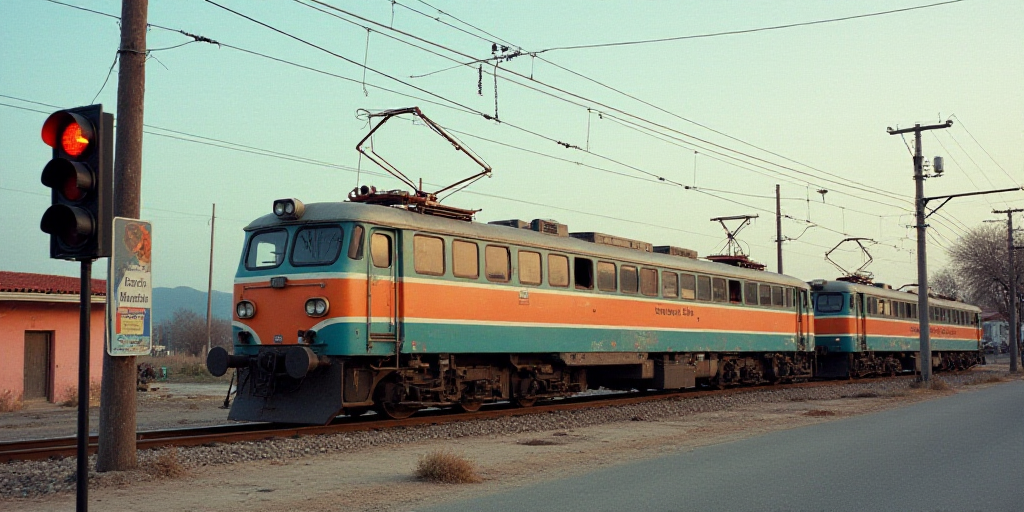 a train is parked on the tracks near a building and a traffic signal pole and a sign that says molot