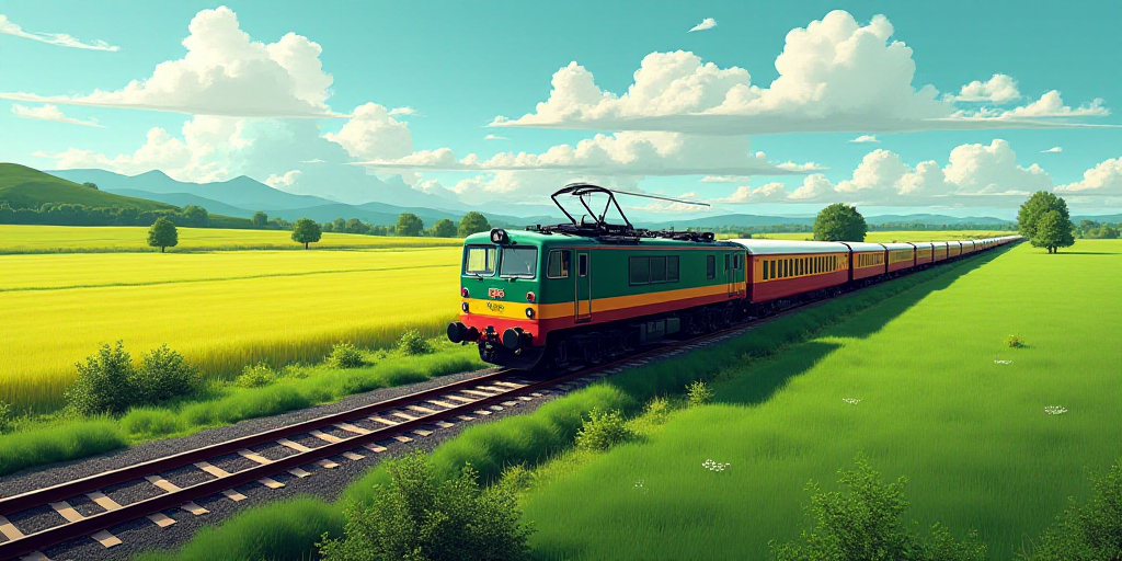 a train is traveling down the tracks in the country side area of the country side, with a green fiel