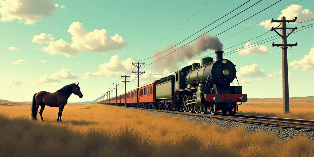 a train is traveling down the tracks near power lines and wires in the sky, with a horse standing in