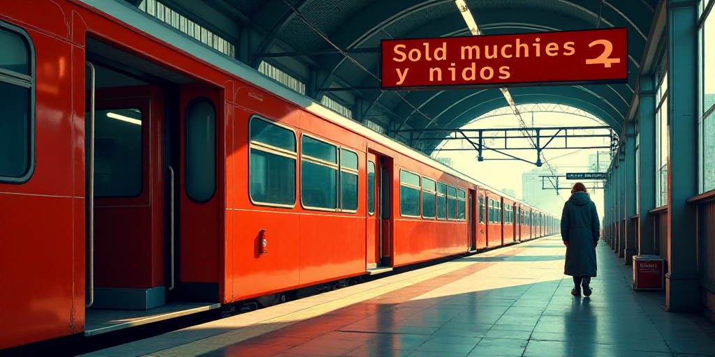 a train station with a red train and a sign that says sold muchies y nidos on it, Carlos Francisco C