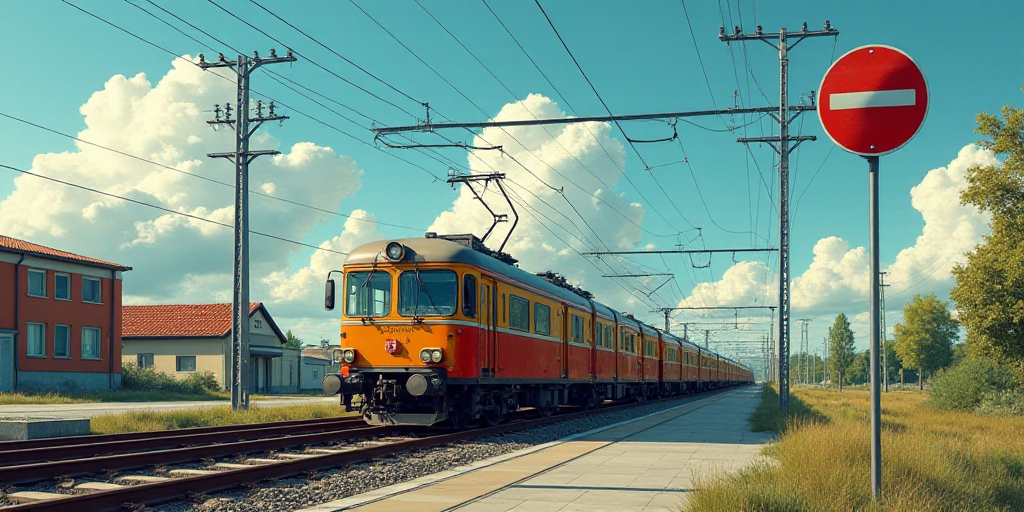 a train traveling down a train track next to a building and a street sign with a sky background and