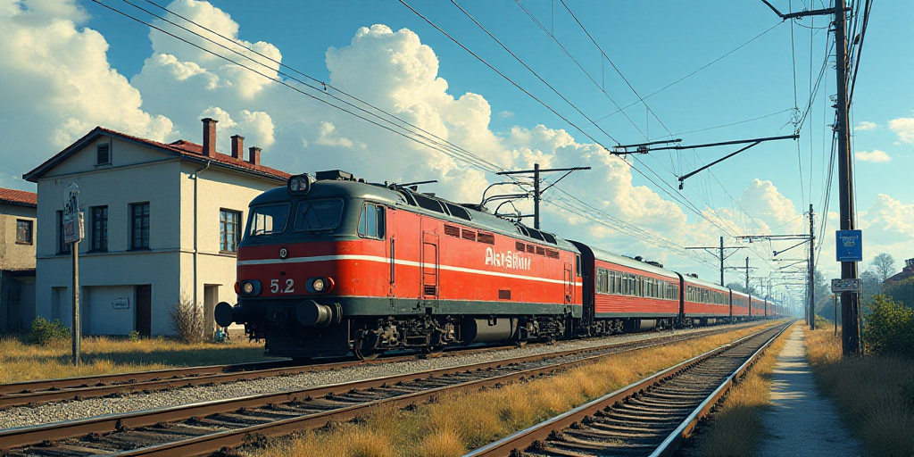 a train traveling down a train track next to a building and a street sign with a sky background and