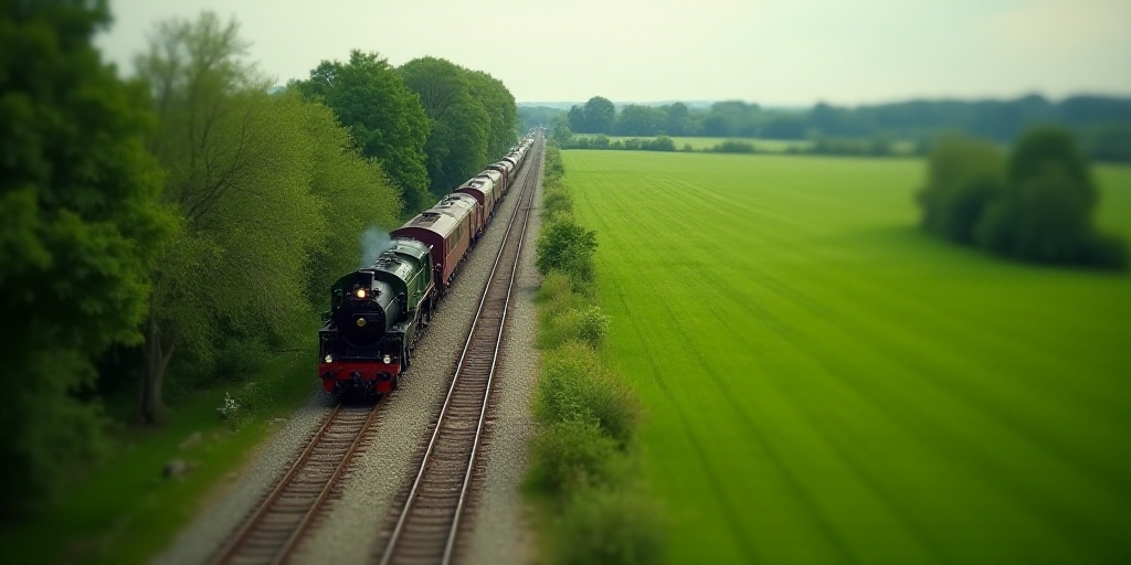 a train traveling down tracks next to a lush green field and a lush green field with trees on both s