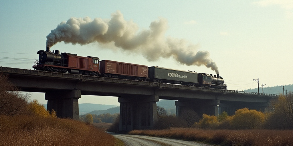 a train traveling over a bridge with a cargo container on top of it's side and a train on the other