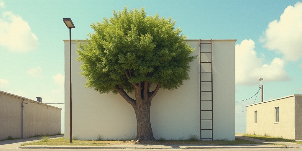 a tree is growing in front of a building with a ladder on it's side and a light pole above it, Bruce