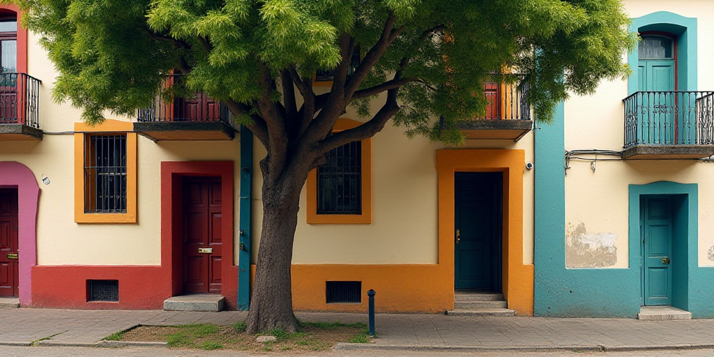 a tree is in front of a building with a balcony and balconies on the second floor of the building, C