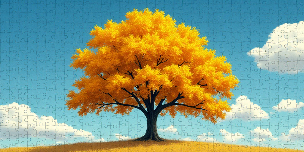 a tree with yellow leaves against a blue sky background with a few clouds in the distance, with a fe