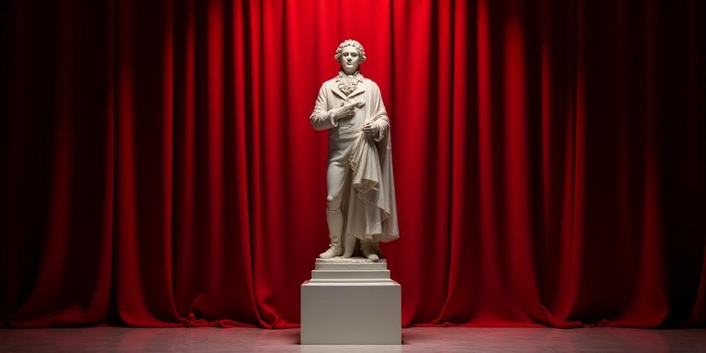 a trophy and a statue on a stage with a red curtain behind it and a red curtain behind it, Edward Ge
