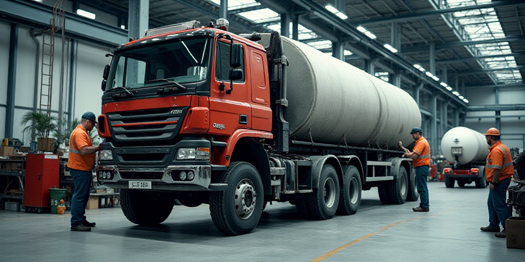 a truck is being worked on in a factory with workers around it and a worker standing next to it, Dah