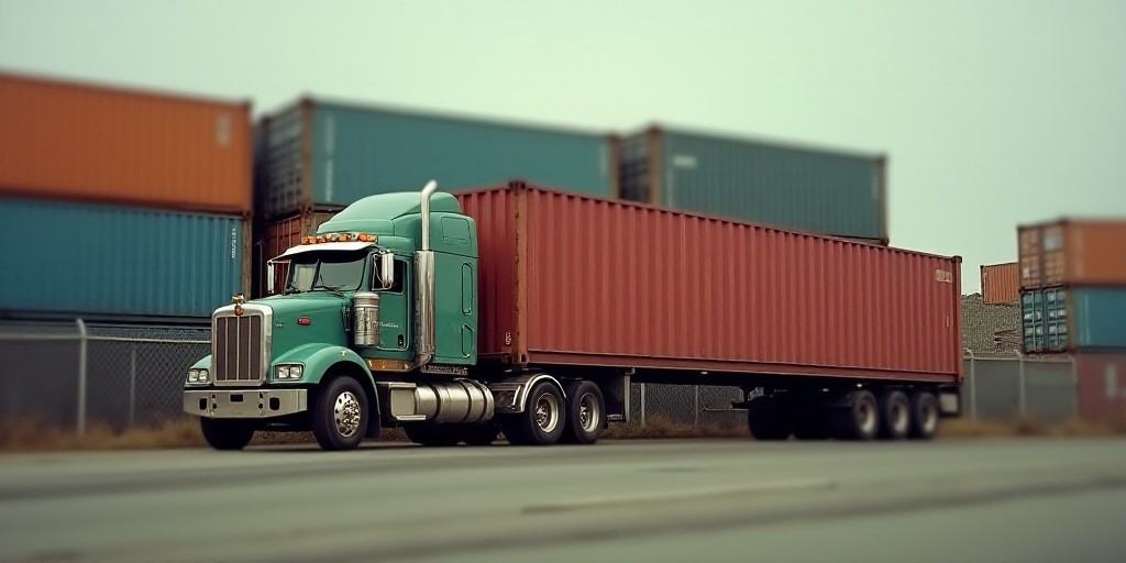 a truck is parked in front of a large stack of shipping containers that are stacked high up on a fen