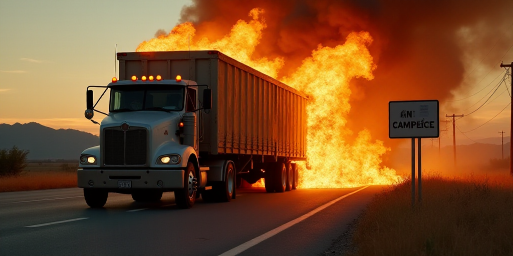 a truck on fire on the side of the road with a sign in the background that says camppecie, Cándido