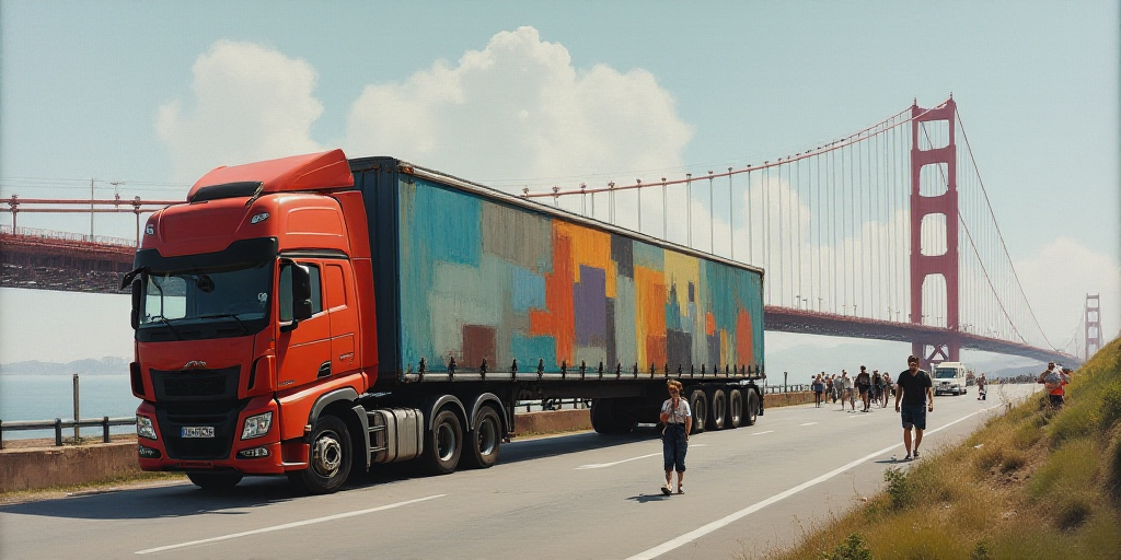 a truck that has been turned over on its side on a road with people walking by it and a bridge in th