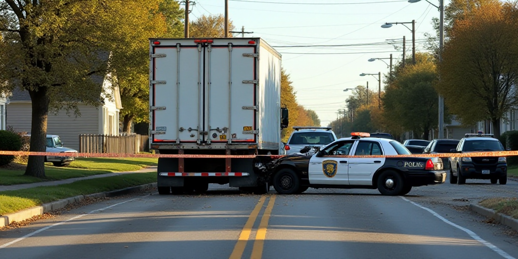 a truck that has crashed into a car on a street with police tape blocking it and a police car behind