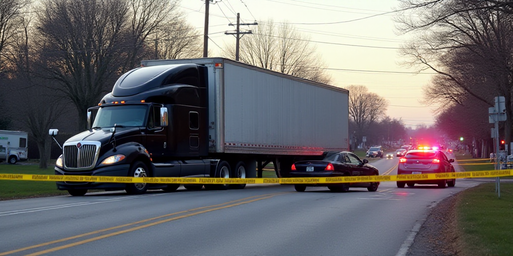 a truck that has crashed into a car on a street with police tape blocking it and a police car behind
