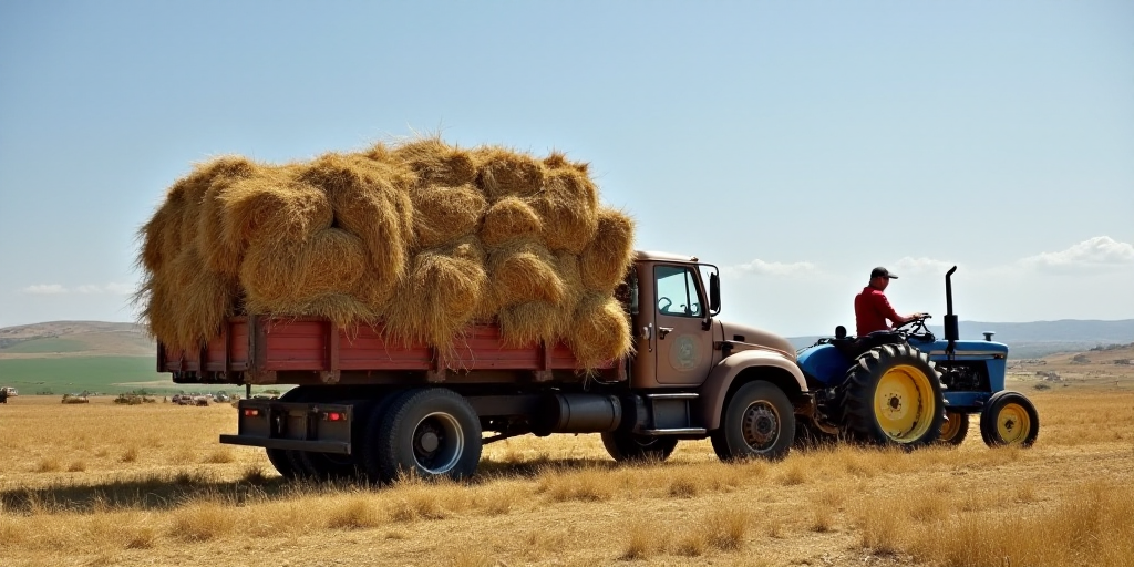 a truck with a load of hay on the back of it and a man on a tractor behind it, Ceferí Olivé, roots