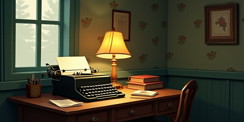 a typewriter and a lamp on a desk in a room with a wallpapered wall and a lamp shade, Art & Language