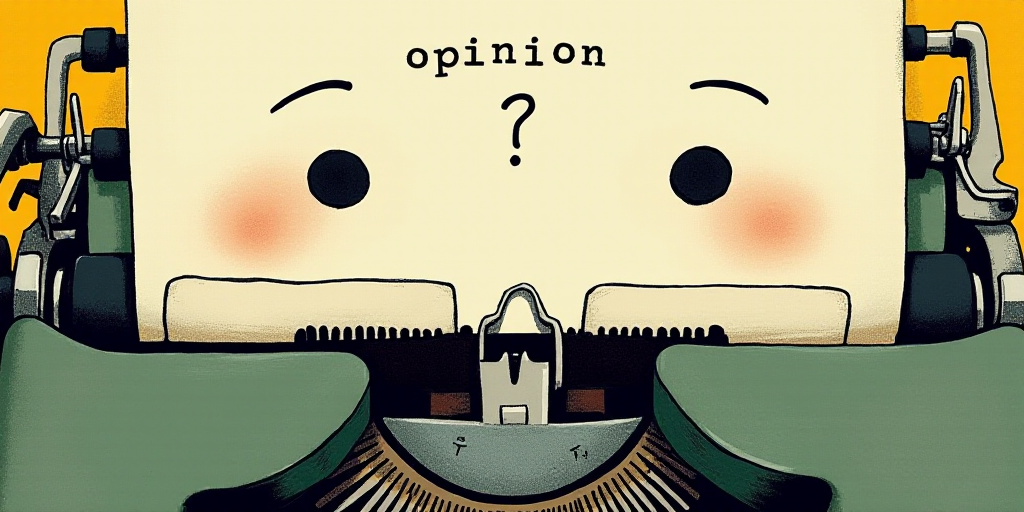 a typewriter with a face drawn on it and a caption for the words opinion and a question, Edward Otho