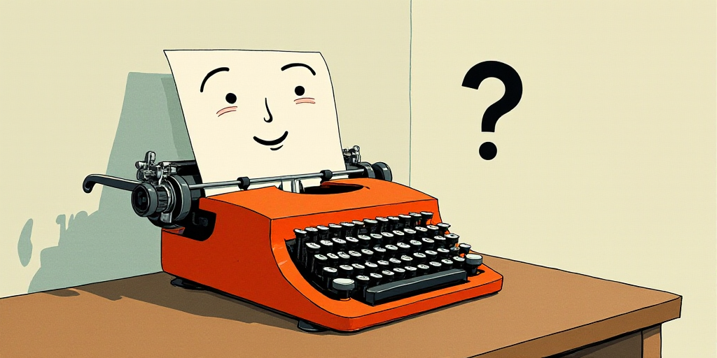 a typewriter with a face drawn on it and a caption for the words opinion and a question, Edward Otho
