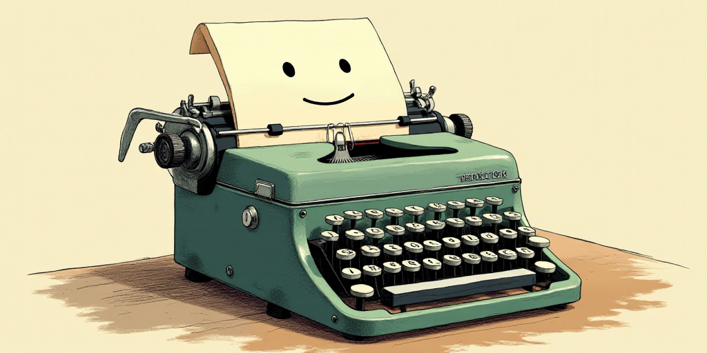 a typewriter with a face drawn on it and a caption for the words opinion and a question, Edward Otho