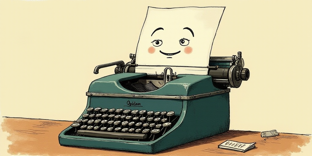 a typewriter with a face drawn on it and a caption for the words opinion and a question, Edward Otho