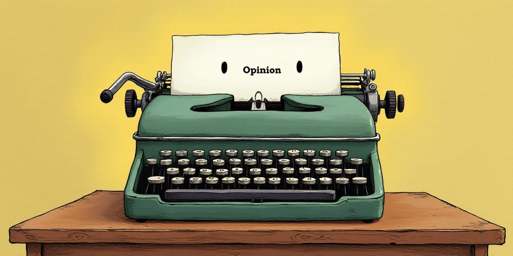 a typewriter with a face drawn on it and a caption for the words opinion and a question, Edward Otho