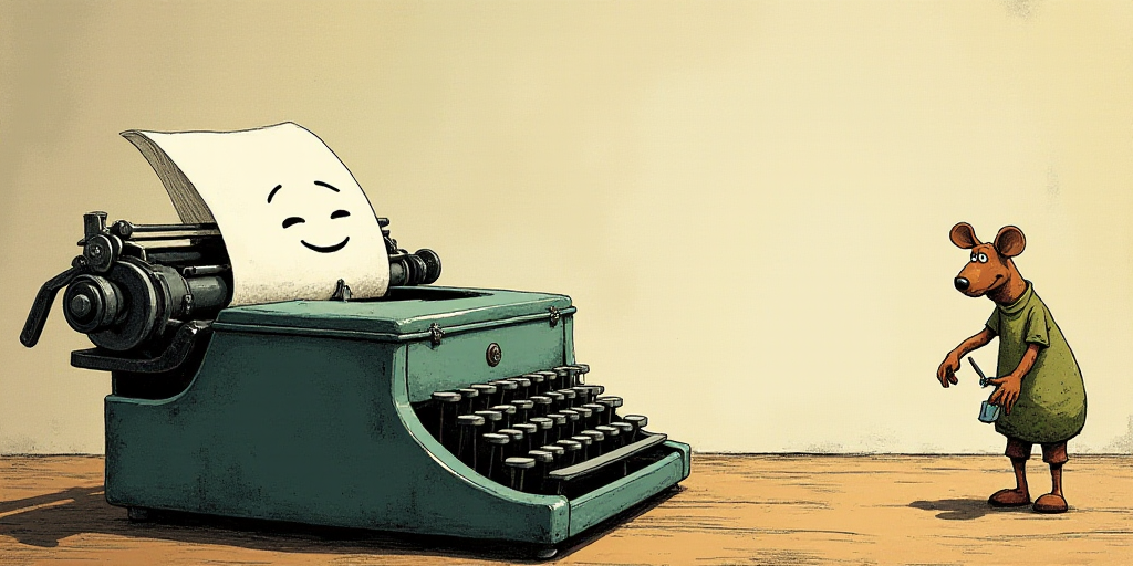 a typewriter with a face drawn on it and a caption for the words opinion and a question, Edward Otho
