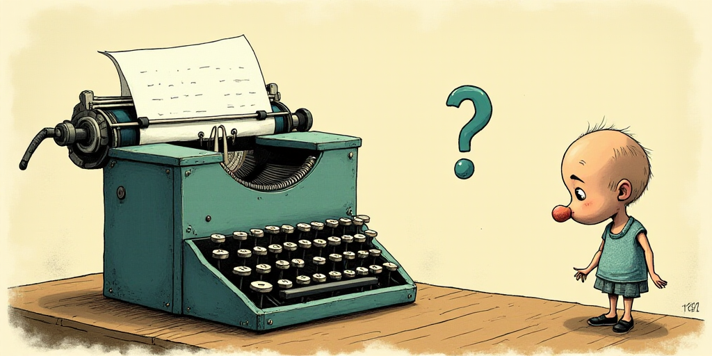 a typewriter with a face drawn on it and a caption for the words opinion and a question, Edward Otho