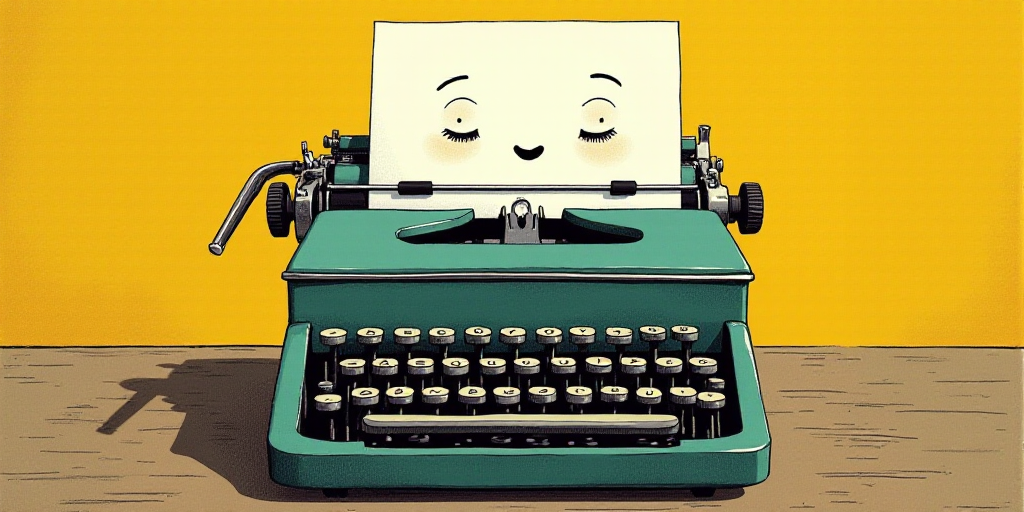 a typewriter with a face drawn on it and a caption for the words opinion and a question, Edward Otho