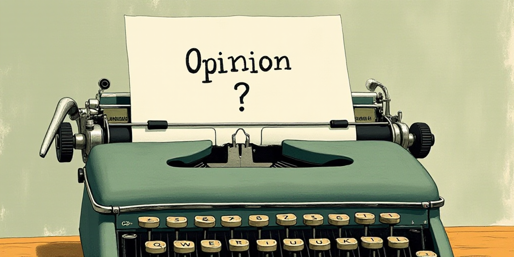 a typewriter with a face drawn on it and a caption for the words opinion and a question, Edward Otho