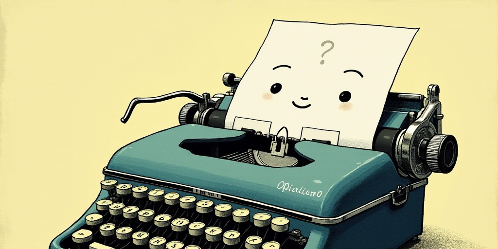 a typewriter with a face drawn on it and a caption for the words opinion and a question, Edward Otho